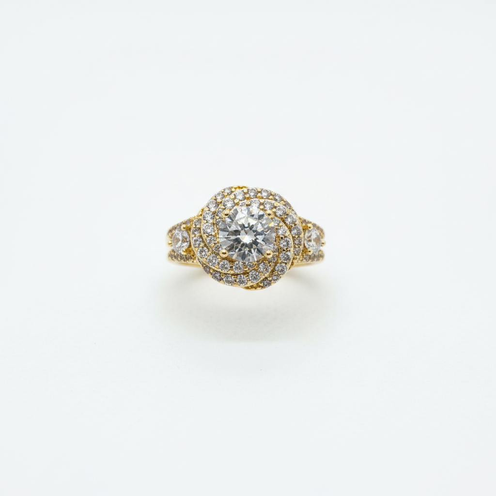 Gold Crystal Halo Ring - White Background