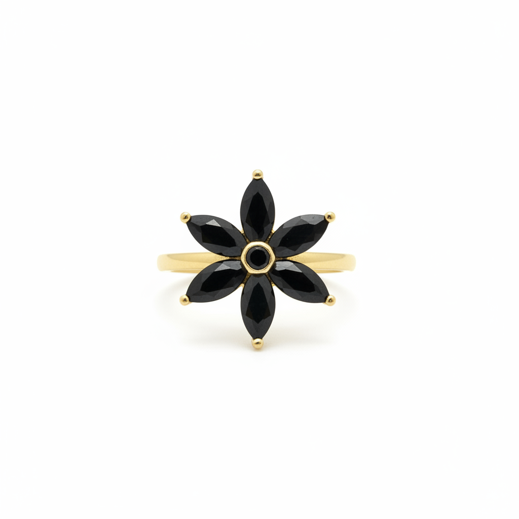 Midnight Bloom Black Sapphire Ring - Front View