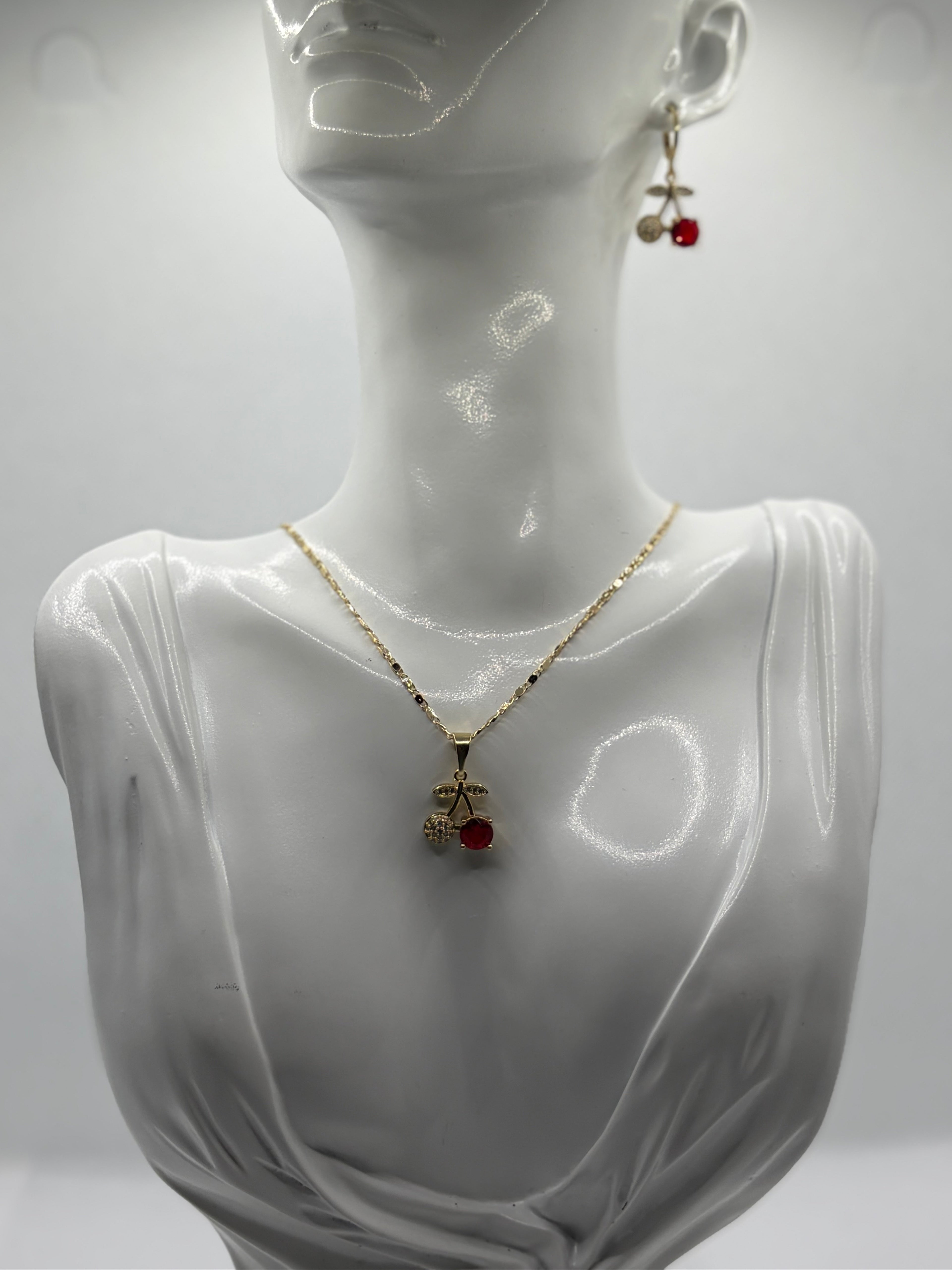 Gold Cherry Necklace and Earring Set - Laminated Gold