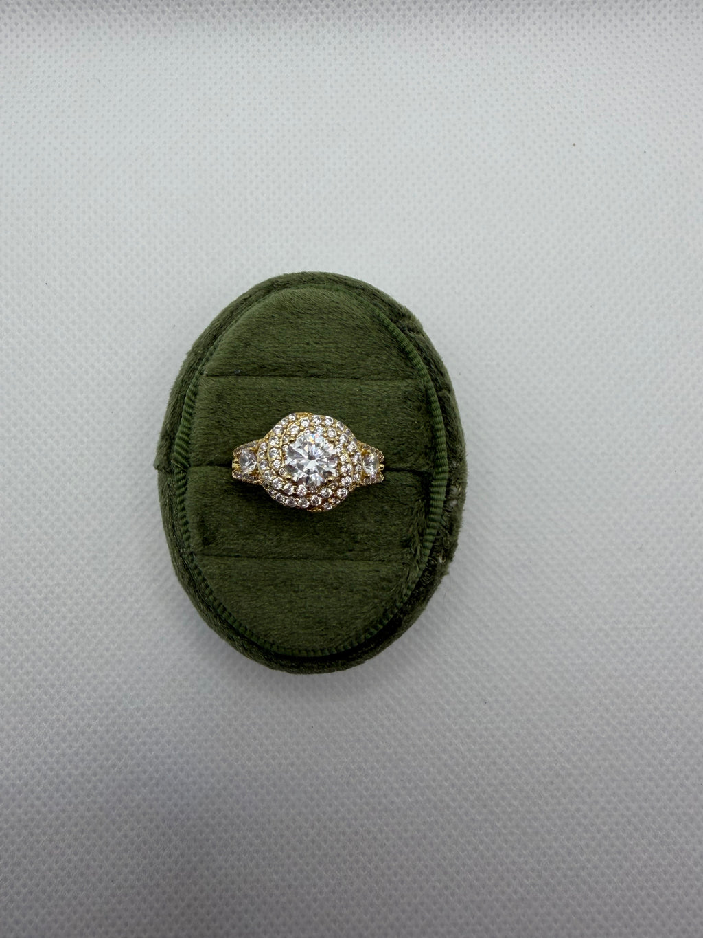 Gold Crystal Halo Ring with Pavé Band