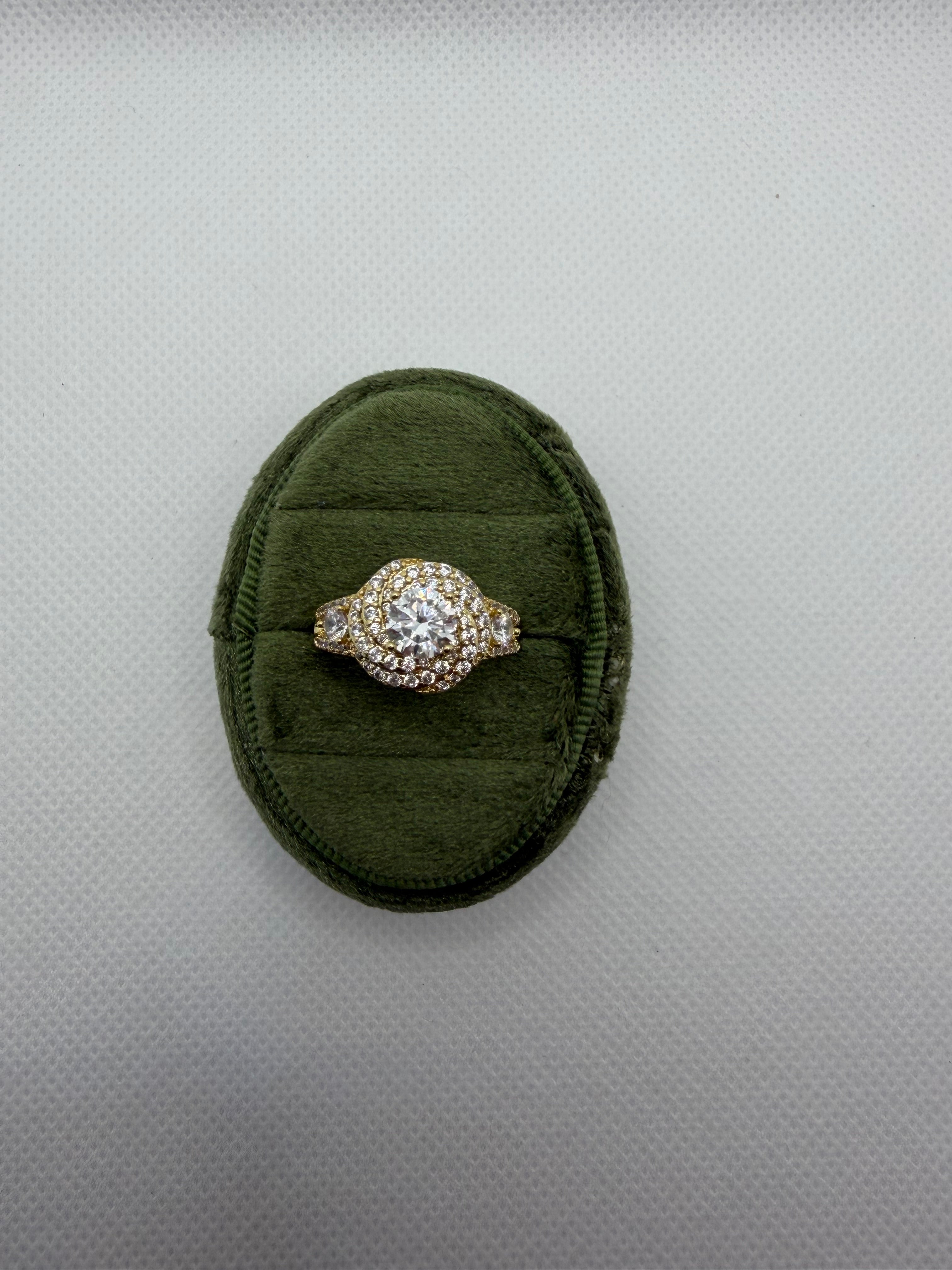 Gold Crystal Halo Ring with Pavé Band