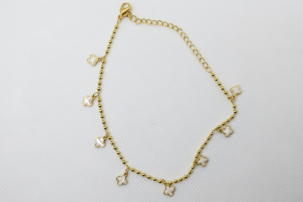 Mother of Pearl Clover Anklet - Gold Chain