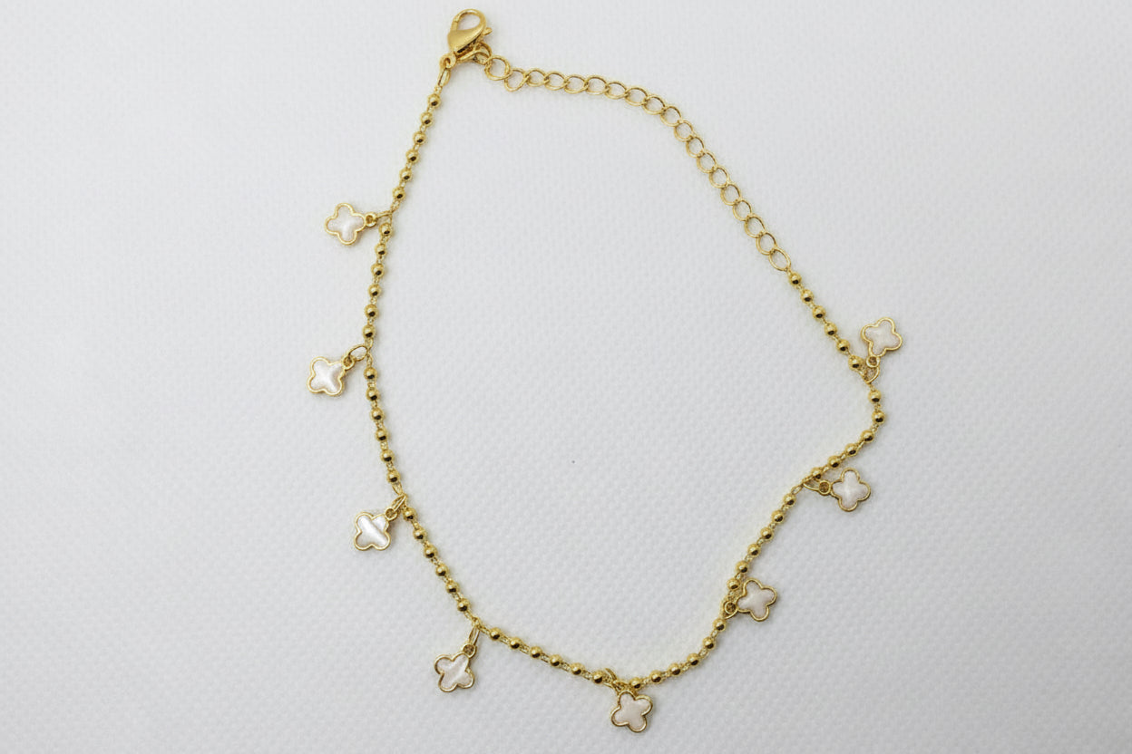 Mother of Pearl Clover Anklet - Gold Chain