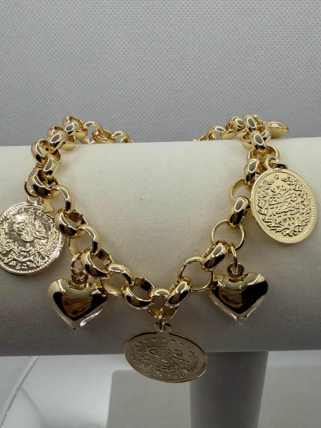 Gold Coin & Puffy Heart Charm Bracelet