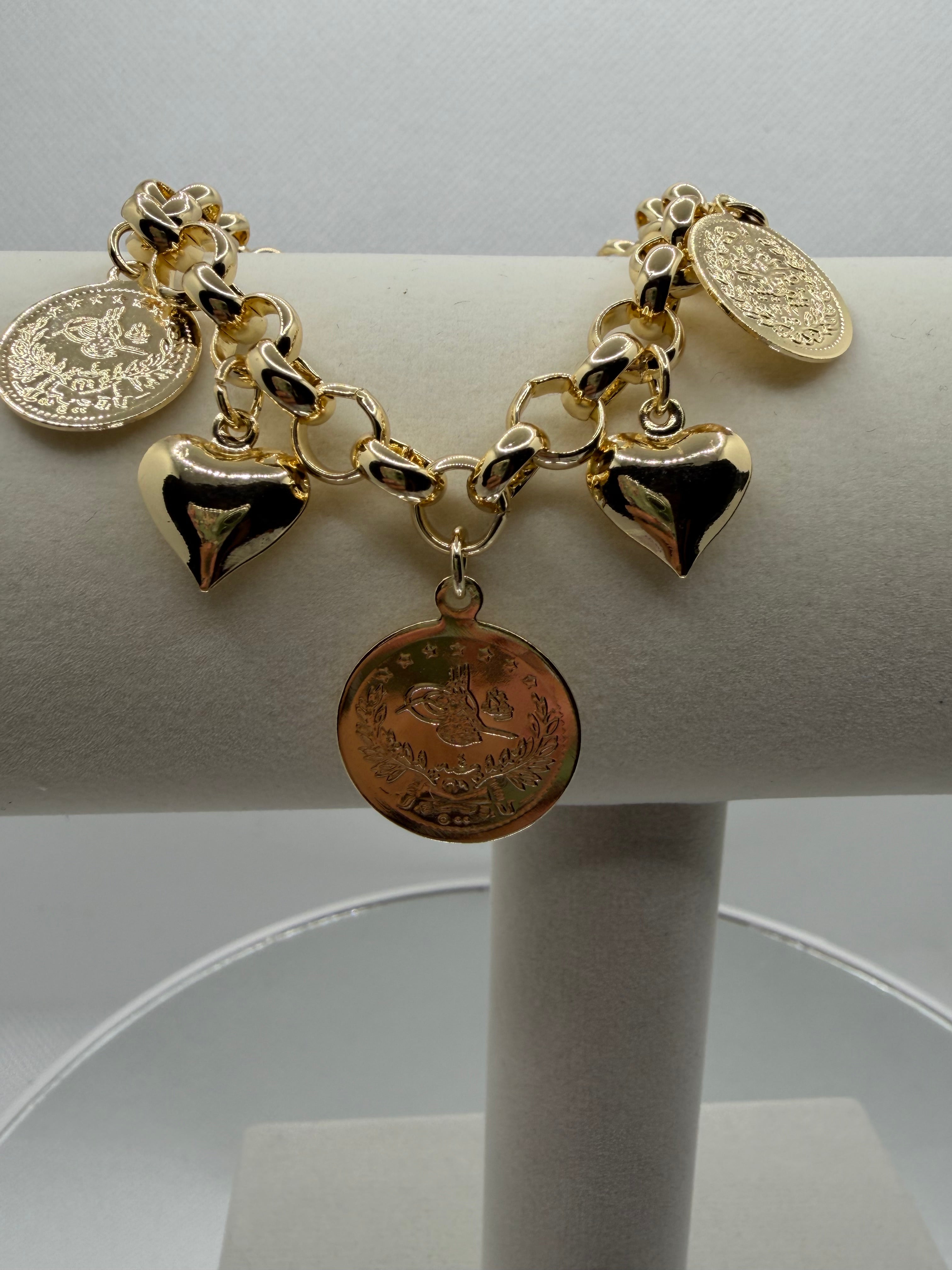 Gold Coin & Puffy Heart Charm Bracelet