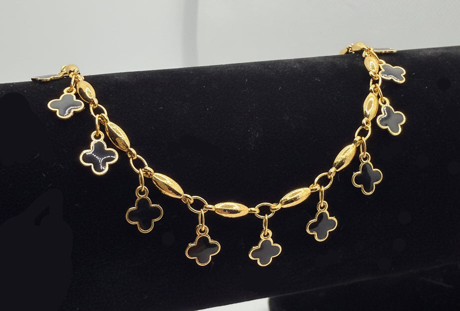Lucky Clover Anklet - Black Onyx & Gold