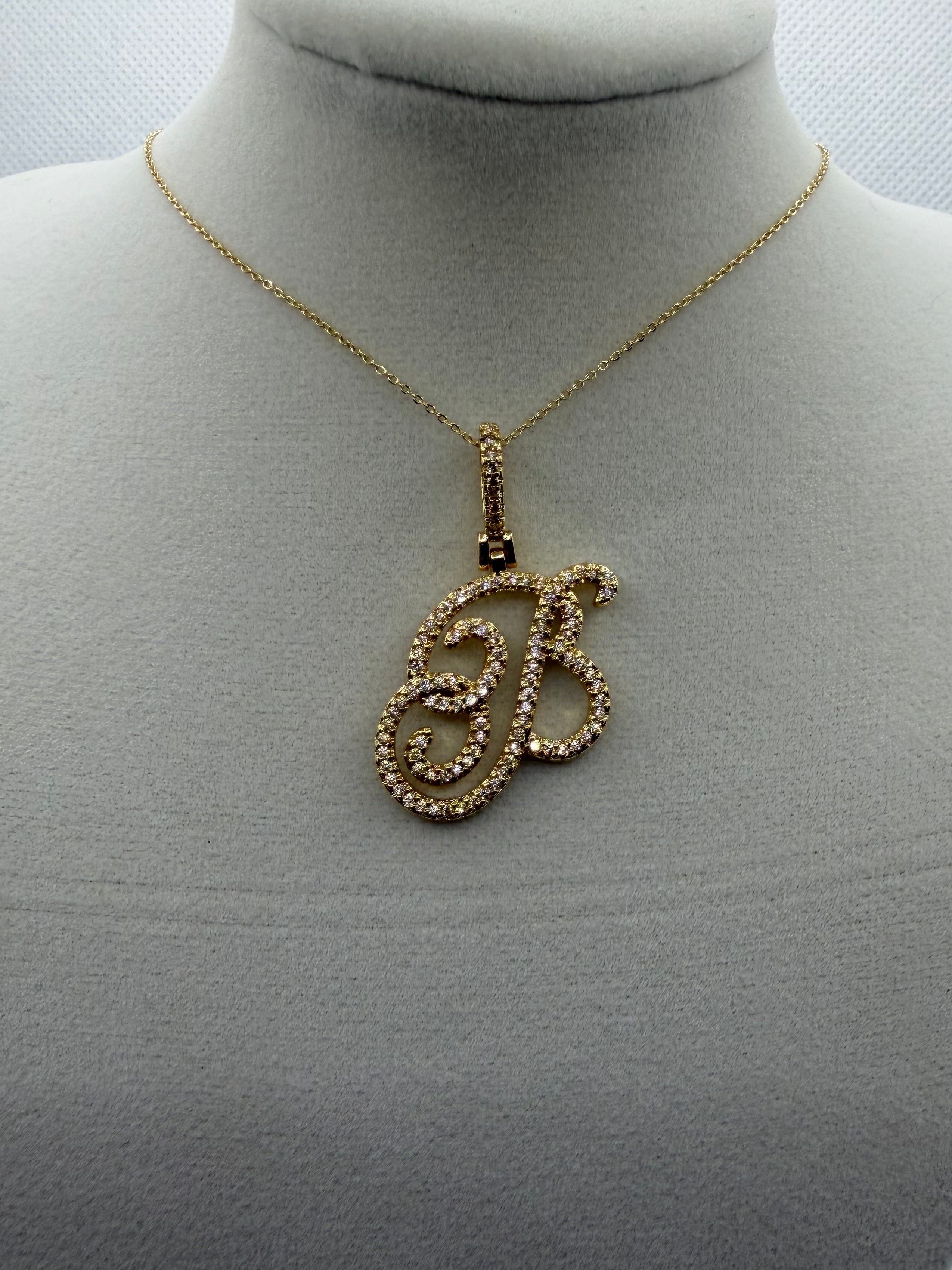 Gold CZ Cursive Initial "B" Pendant