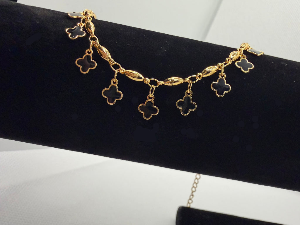Lucky Clover Anklet - Black Onyx & Gold