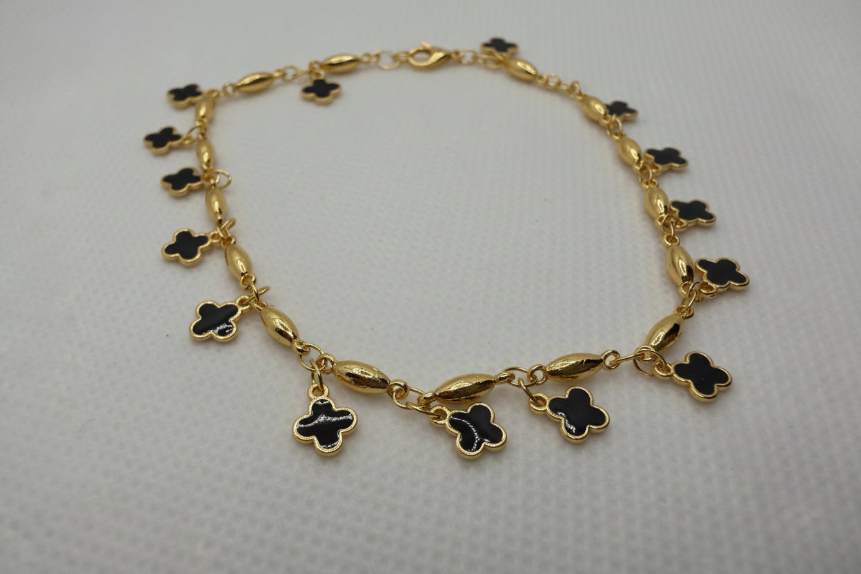 Lucky Clover Anklet - Black Onyx & Gold