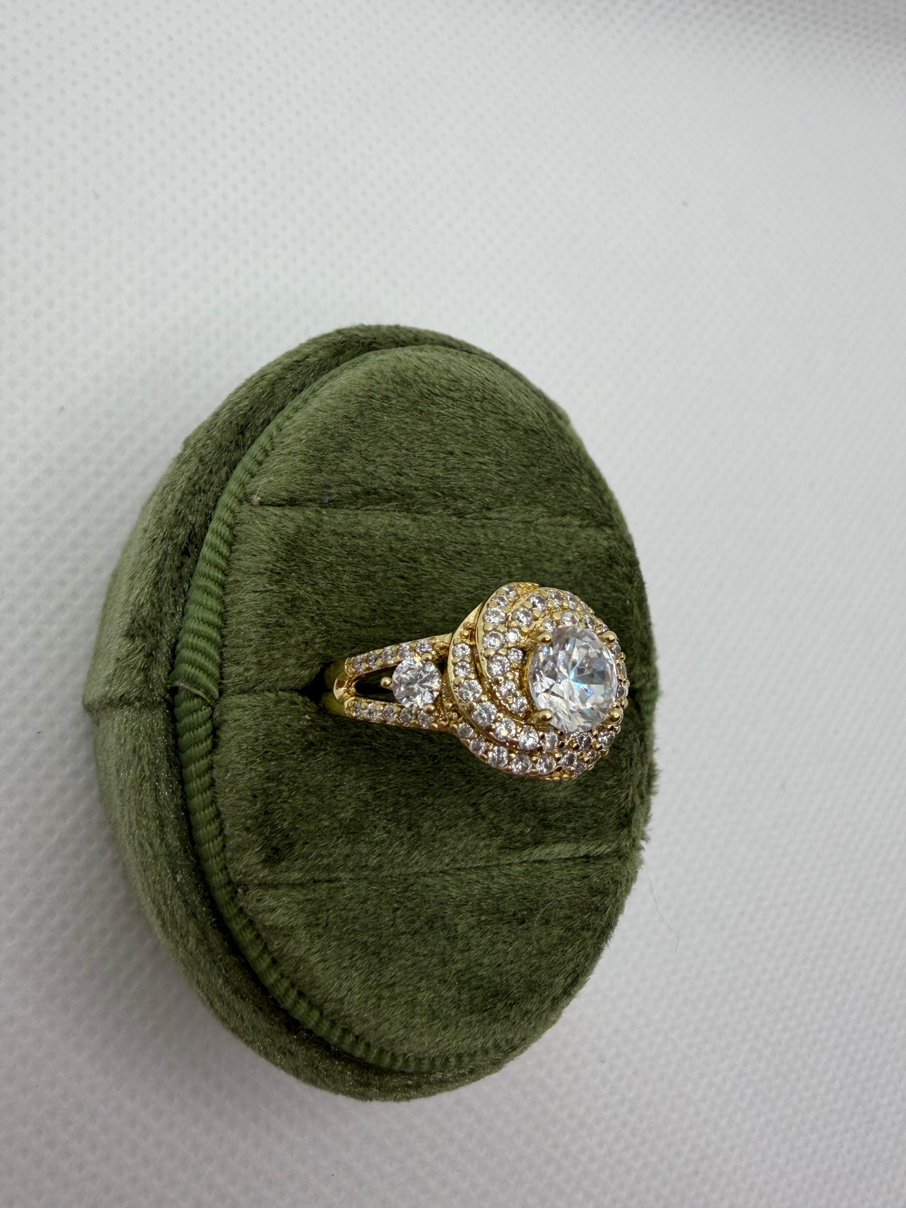 Gold Crystal Halo Ring with Pavé Band