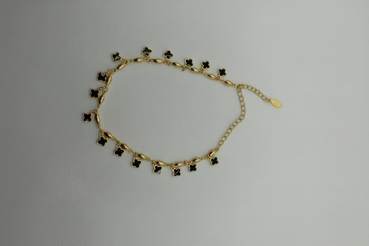 Lucky Clover Anklet - Black Onyx & Gold