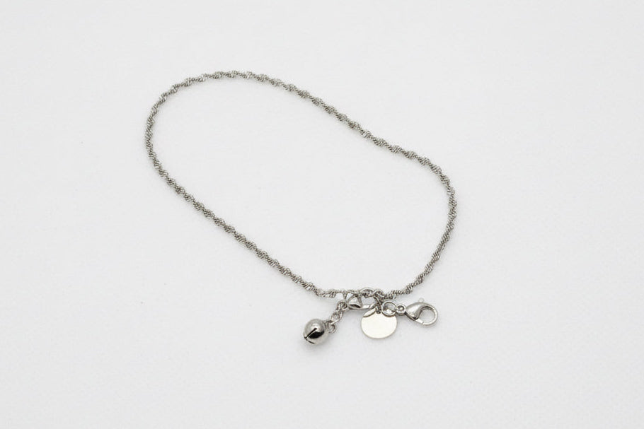 Twisted Rope Chain Anklet with Heart & Bell Charm - Silver