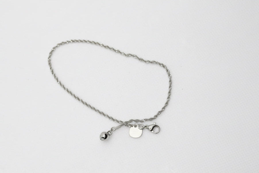 Twisted Rope Chain Anklet with Heart & Bell Charm - Silver