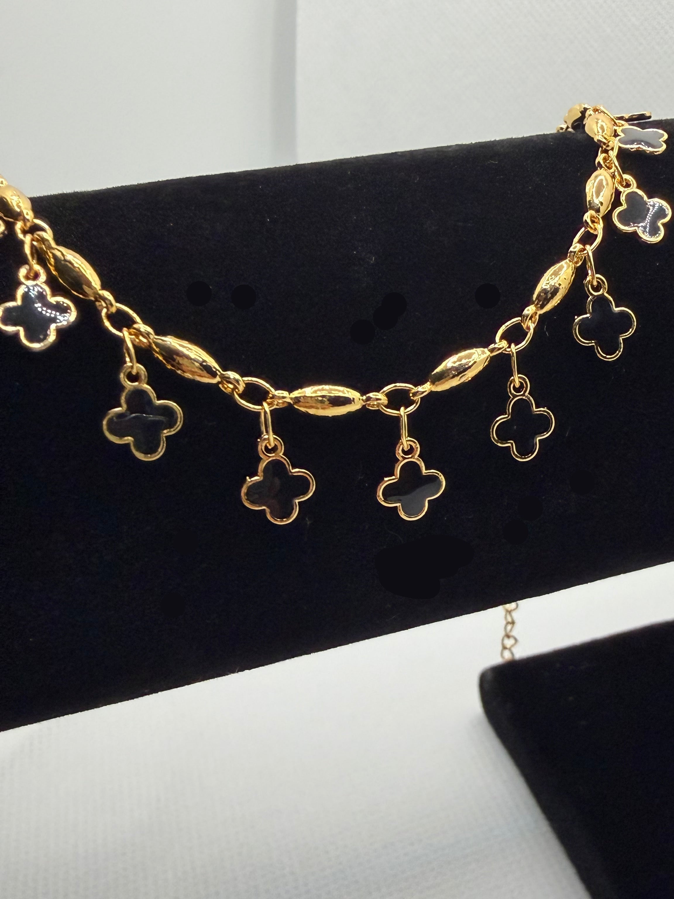 Lucky Clover Anklet - Black Onyx & Gold