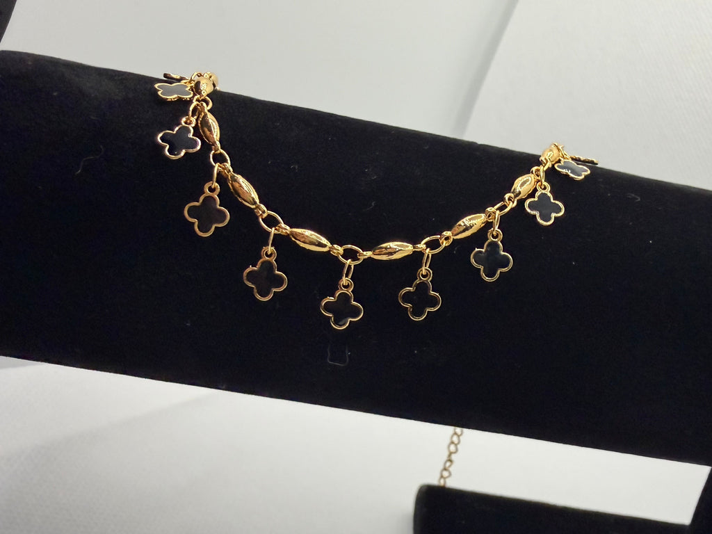 Lucky Clover Anklet - Black Onyx & Gold