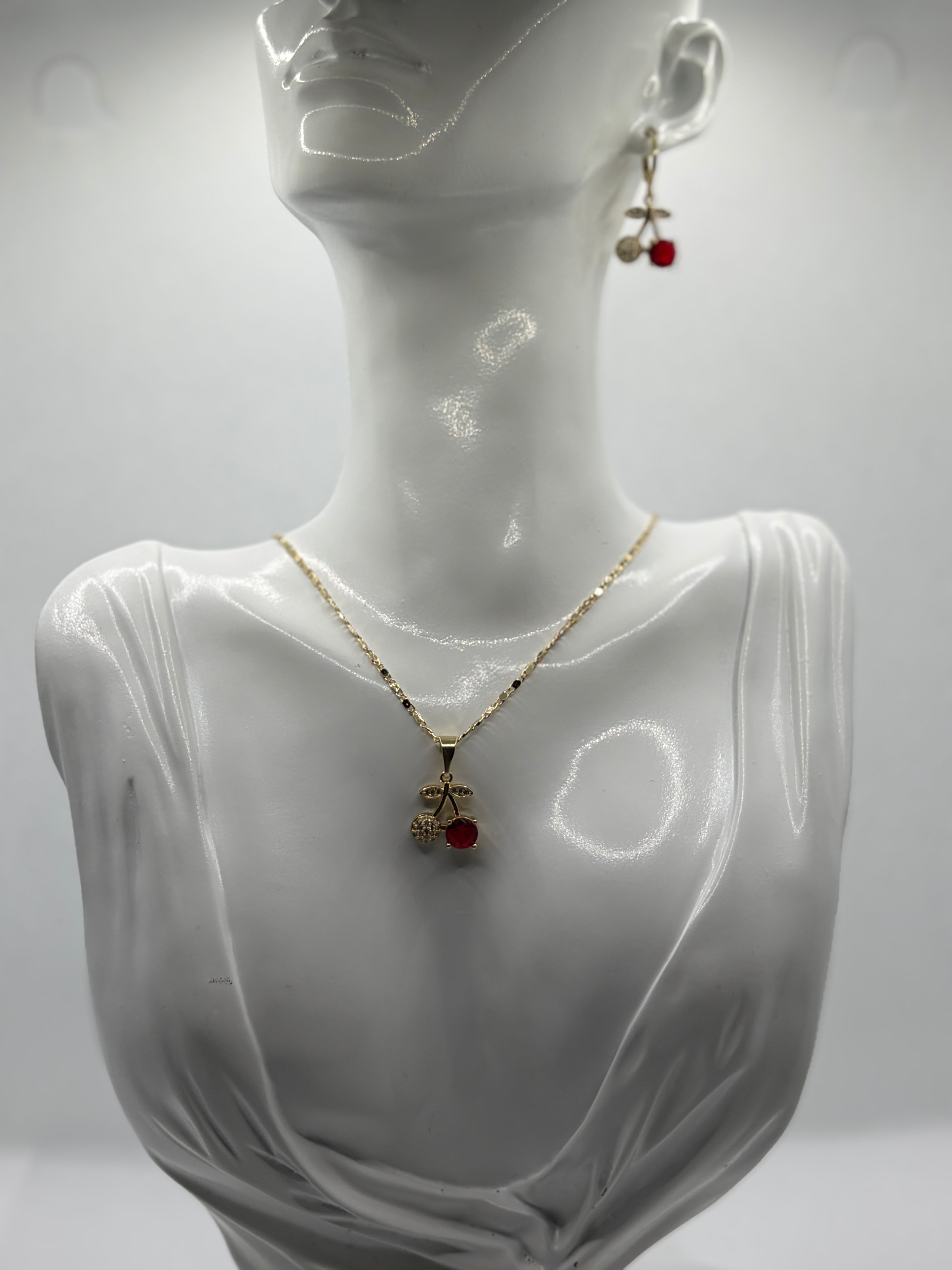 Gold Cherry Necklace and Earring Set - Laminated Gold