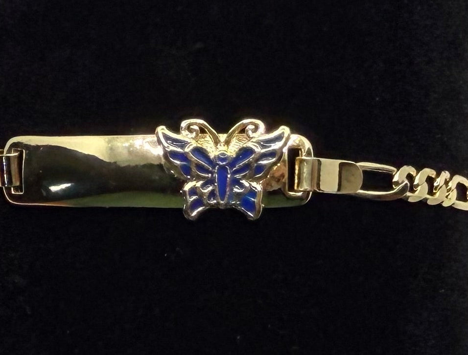 Kids Gold ID Bracelet with Blue Butterfly - Laminated Gold
