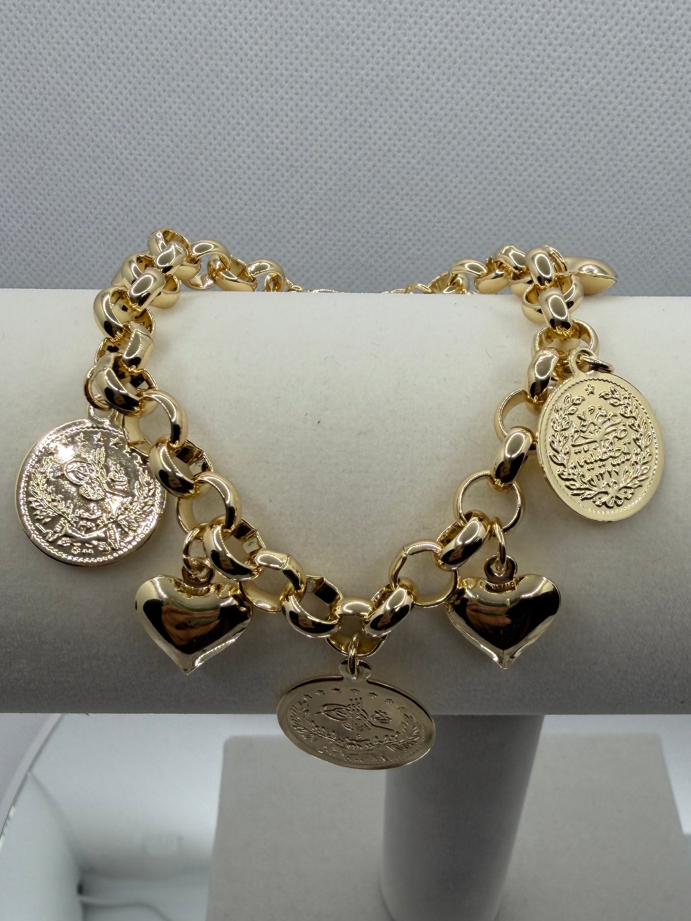 Gold Coin & Puffy Heart Charm Bracelet