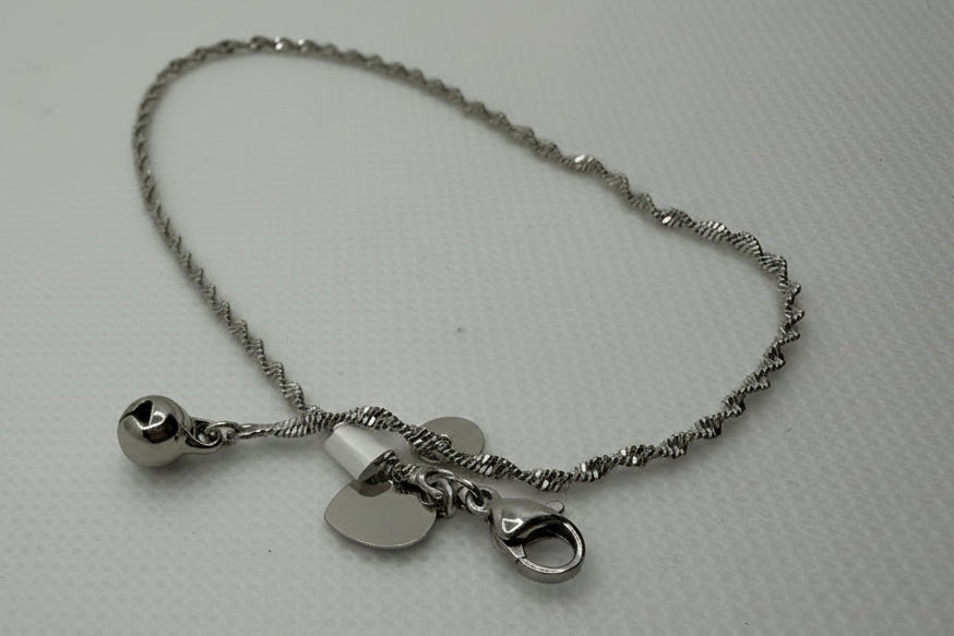 Twisted Rope Chain Anklet with Heart & Bell Charm - Silver