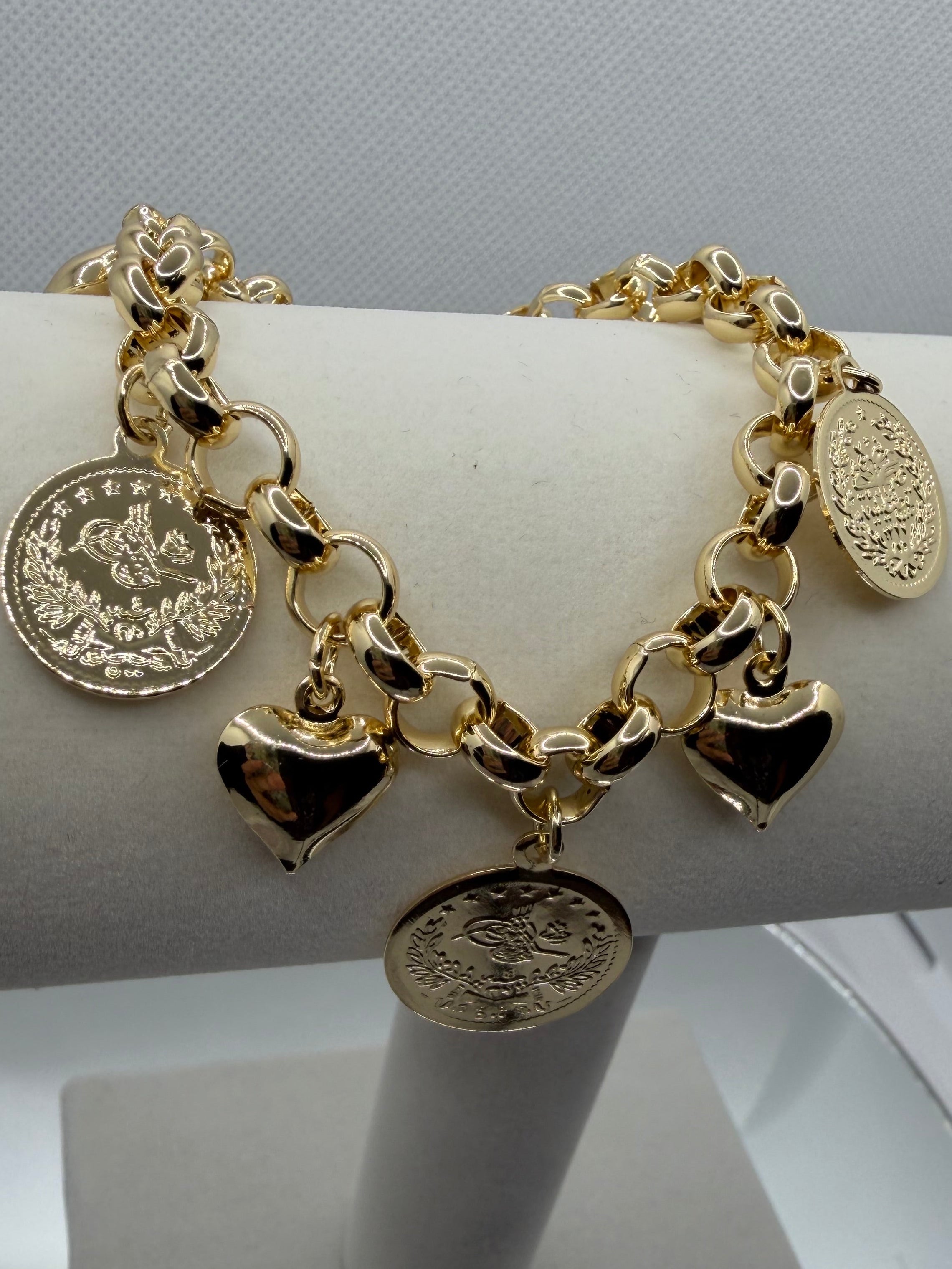 Gold Coin & Puffy Heart Charm Bracelet