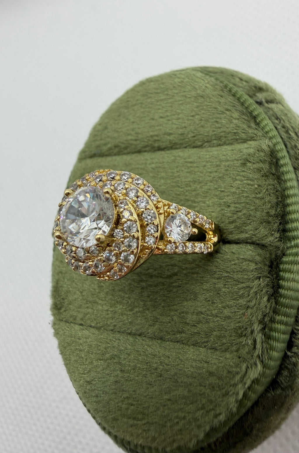 Gold Crystal Halo Ring with Pavé Band