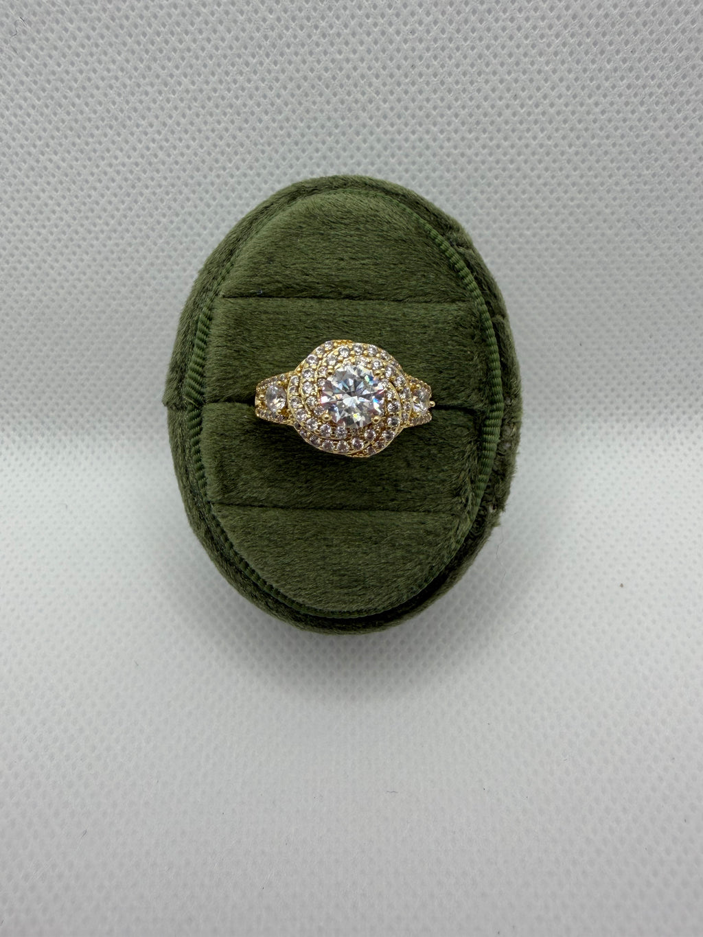 Gold Crystal Halo Ring with Pavé Band