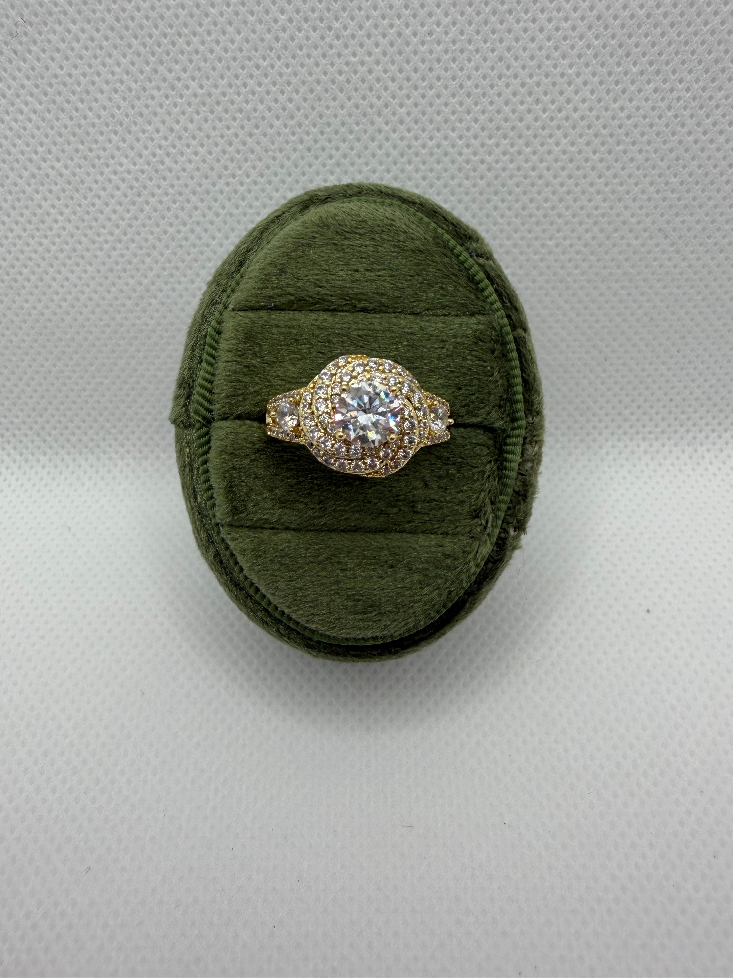 Gold Crystal Halo Ring with Pavé Band