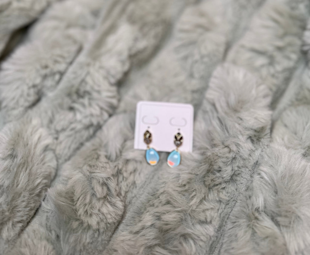 Blue Opalescent Drop Earrings with Crystal Accent - Gold Plated