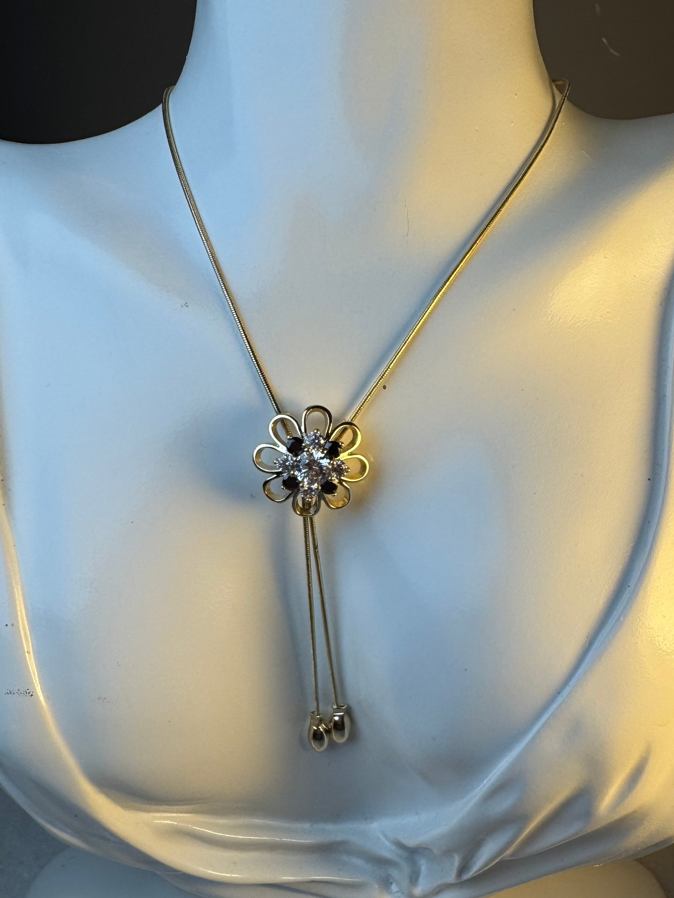 Adjustable Flower Necklace with Crystal Center