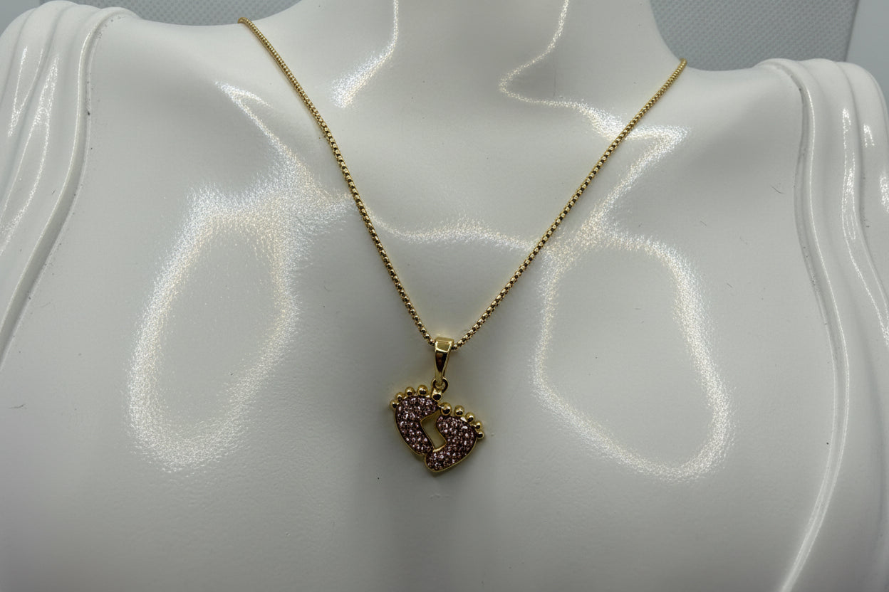 Crystal Baby Feet Heart Pendant & Necklace