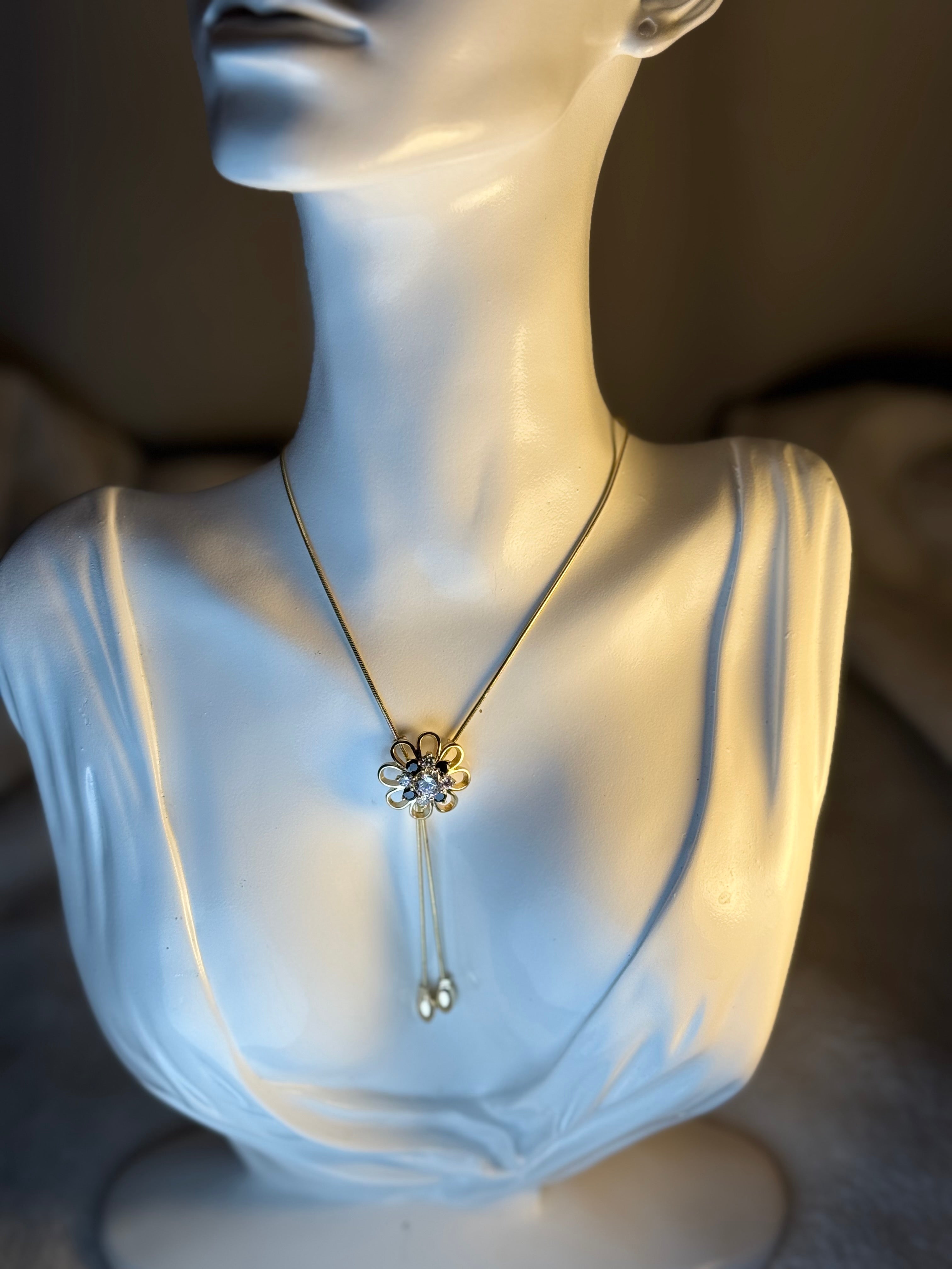 Adjustable Flower Necklace with Crystal Center