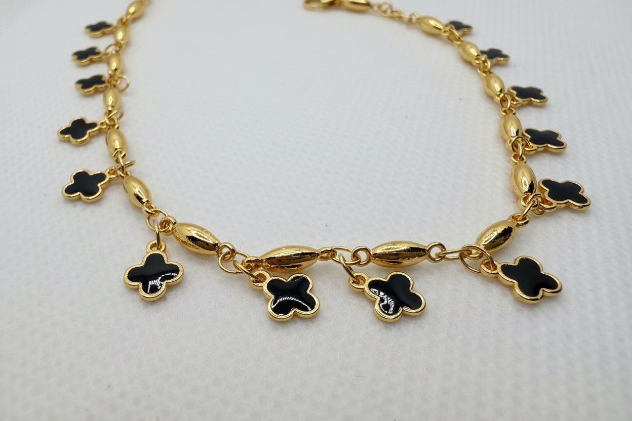 Lucky Clover Anklet - Black Onyx & Gold