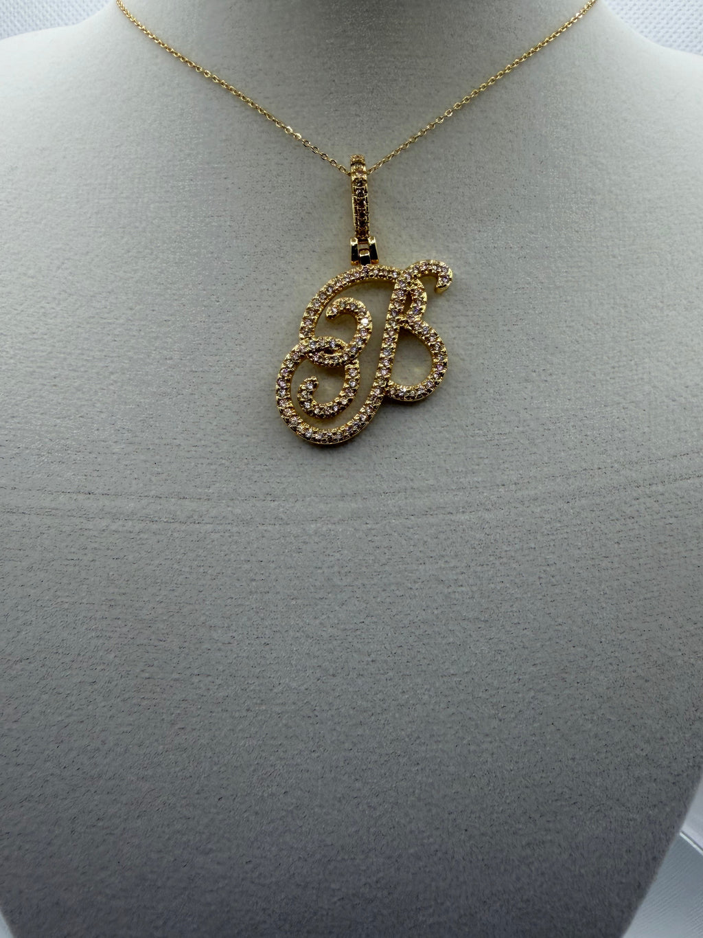 Gold CZ Cursive Initial "B" Pendant