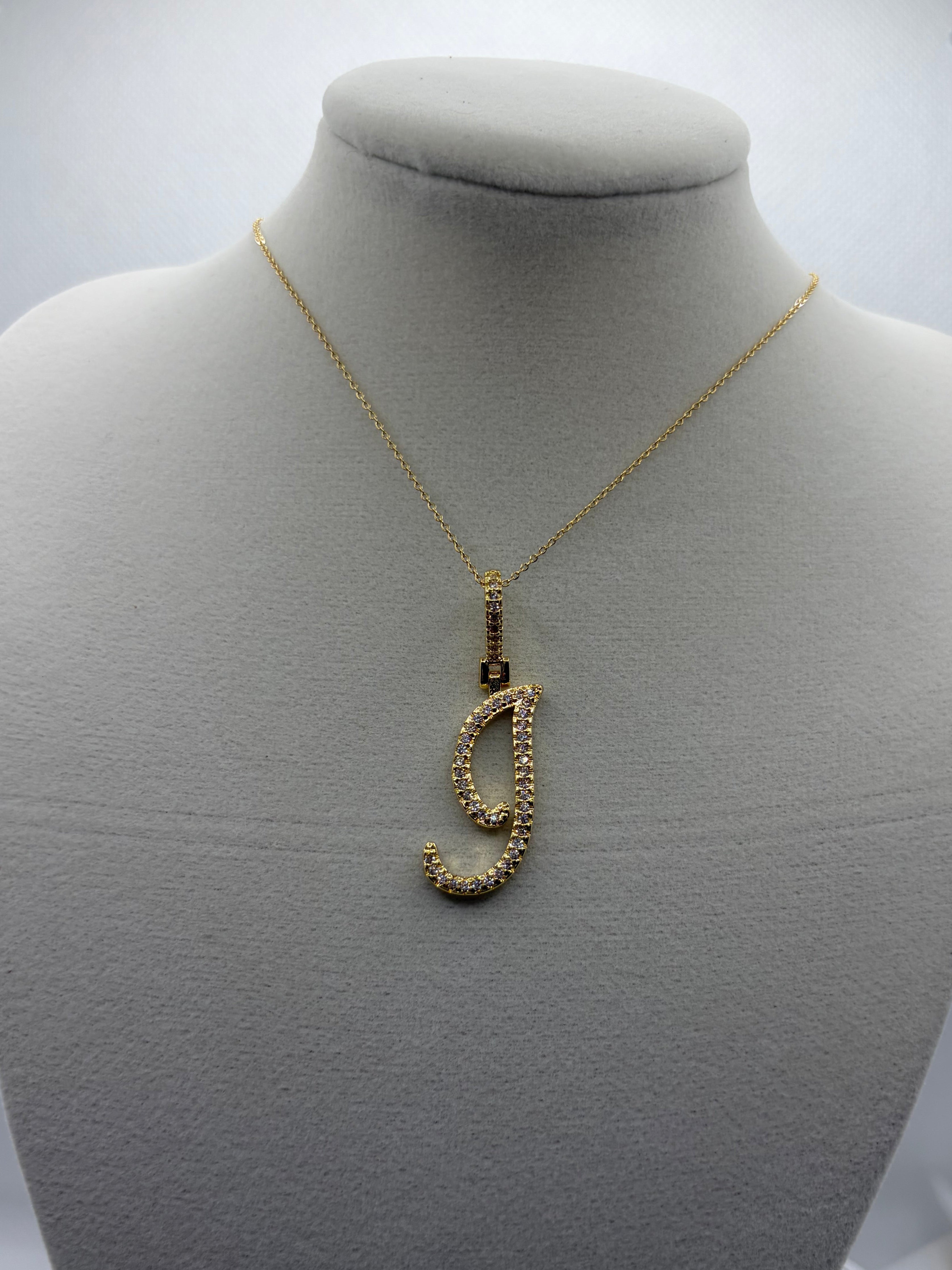 Gold CZ Cursive Initial "J" Pendant