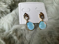 Blue Opalescent Drop Earrings with Crystal Accent - Gold Plated