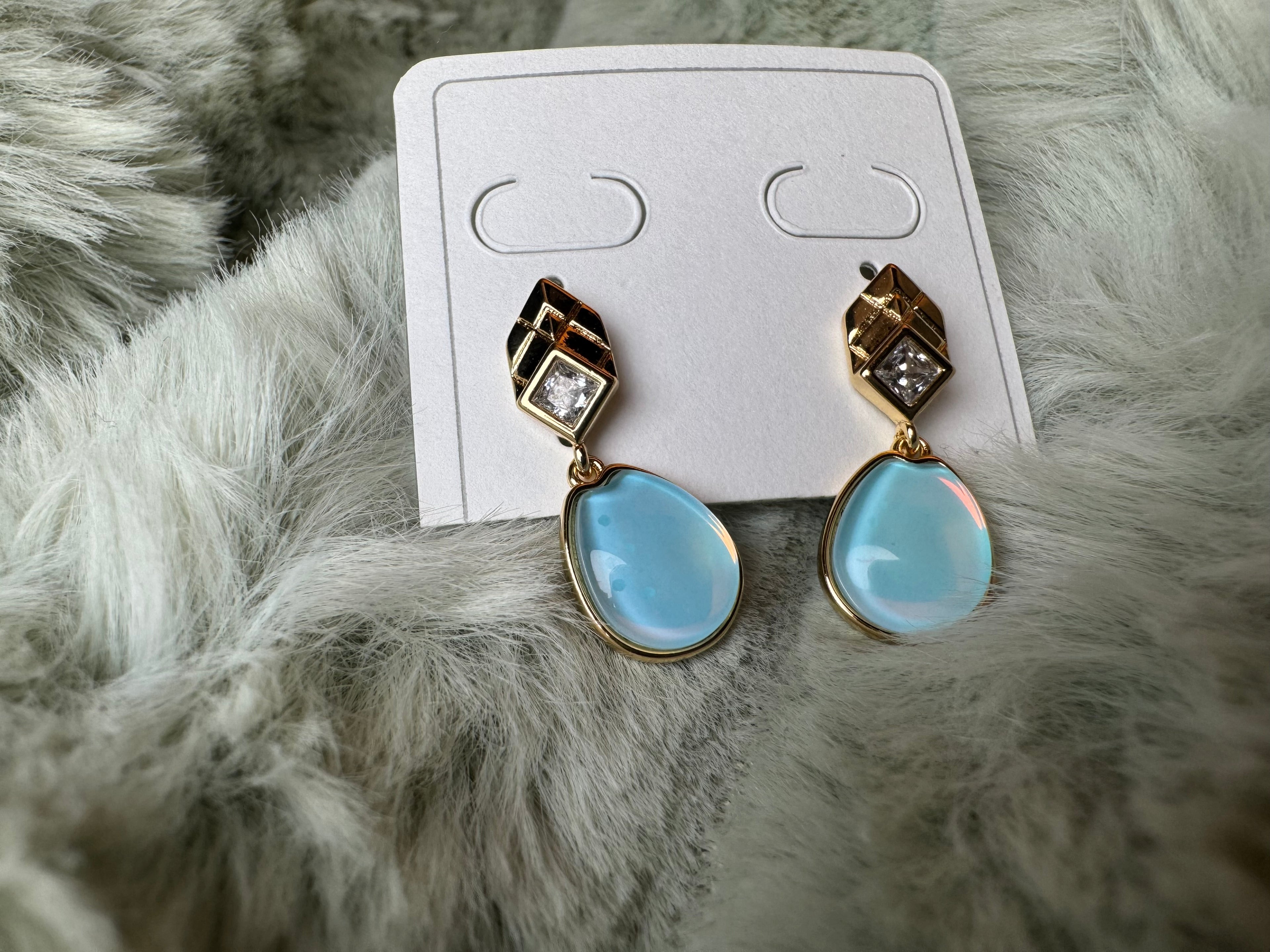 Blue Opalescent Drop Earrings with Crystal Accent - Gold Plated
