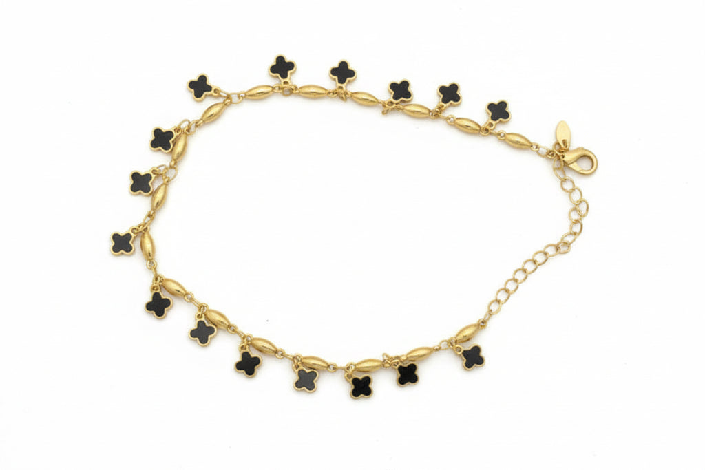 Lucky Clover Anklet - Black Onyx & Gold