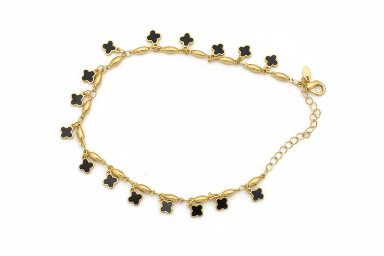 Lucky Clover Anklet - Black Onyx & Gold