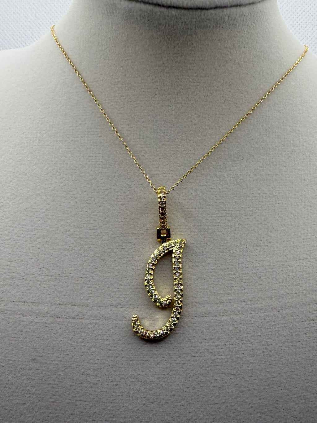 Gold CZ Cursive Initial "J" Pendant