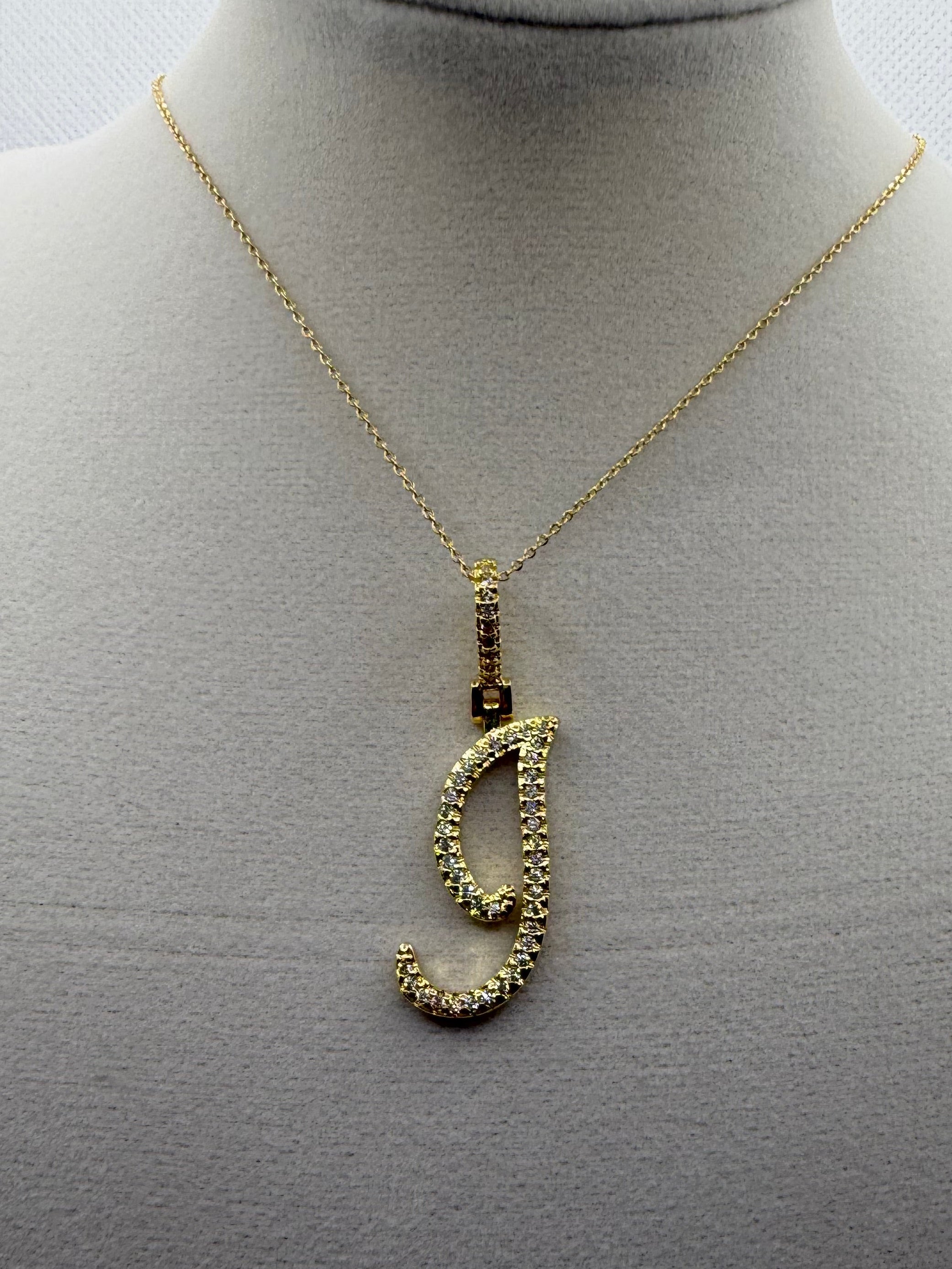 Gold CZ Cursive Initial "J" Pendant