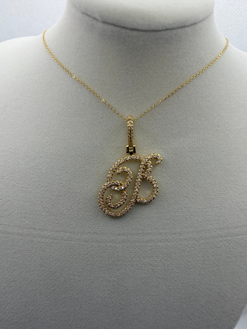 Gold CZ Cursive Initial "B" Pendant