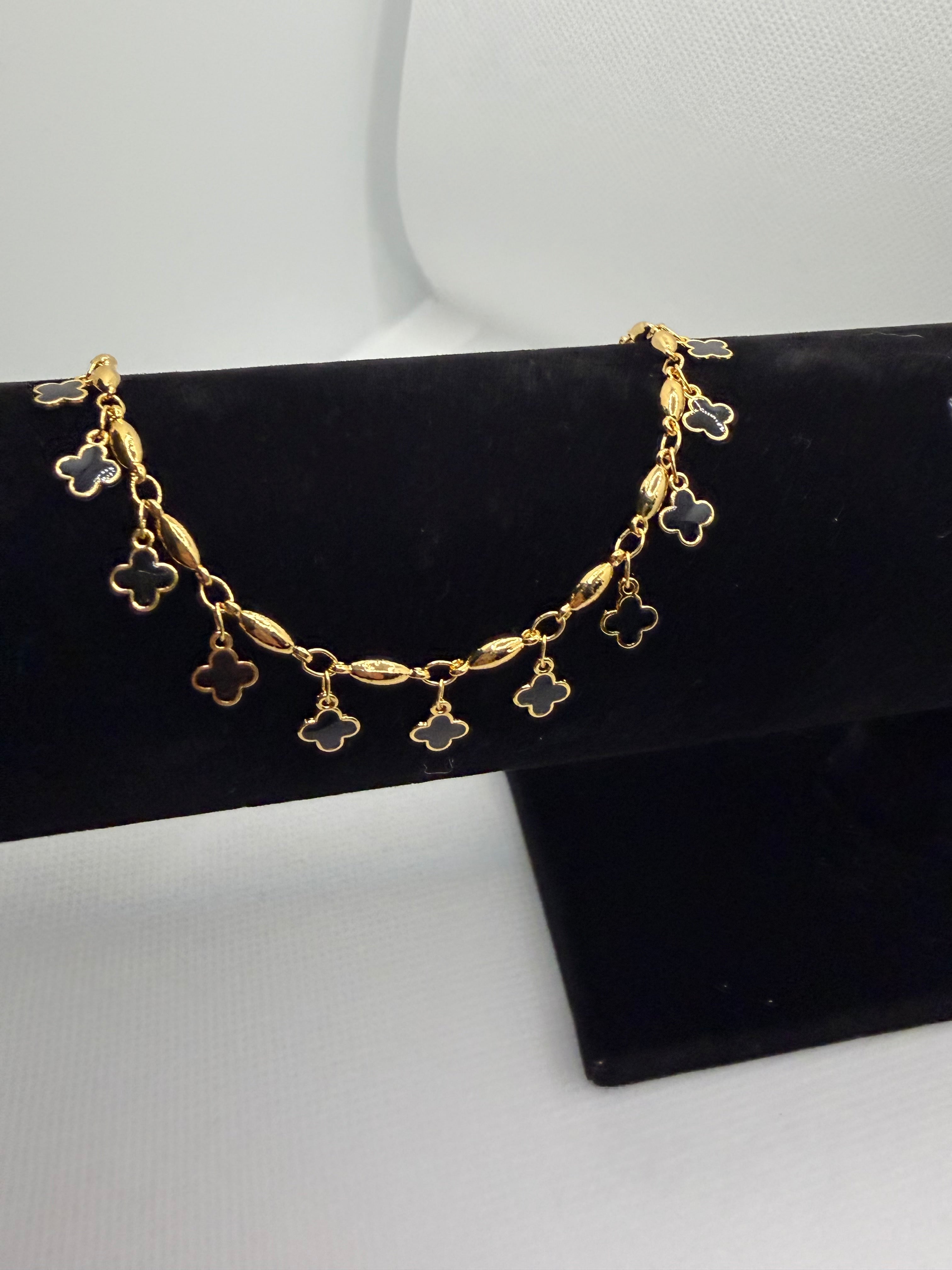 Lucky Clover Anklet - Black Onyx & Gold
