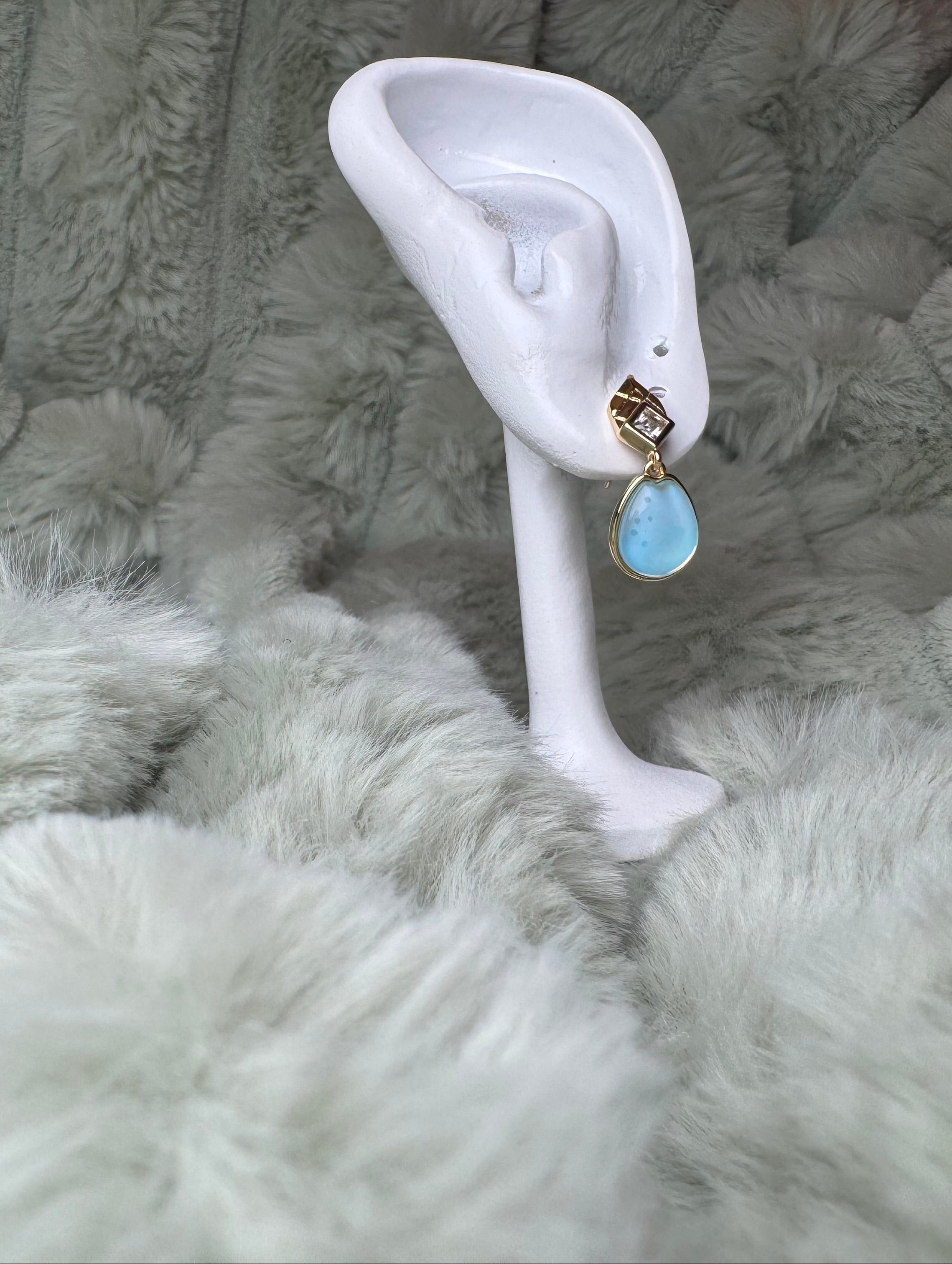 Blue Opalescent Drop Earrings with Crystal Accent - Gold Plated