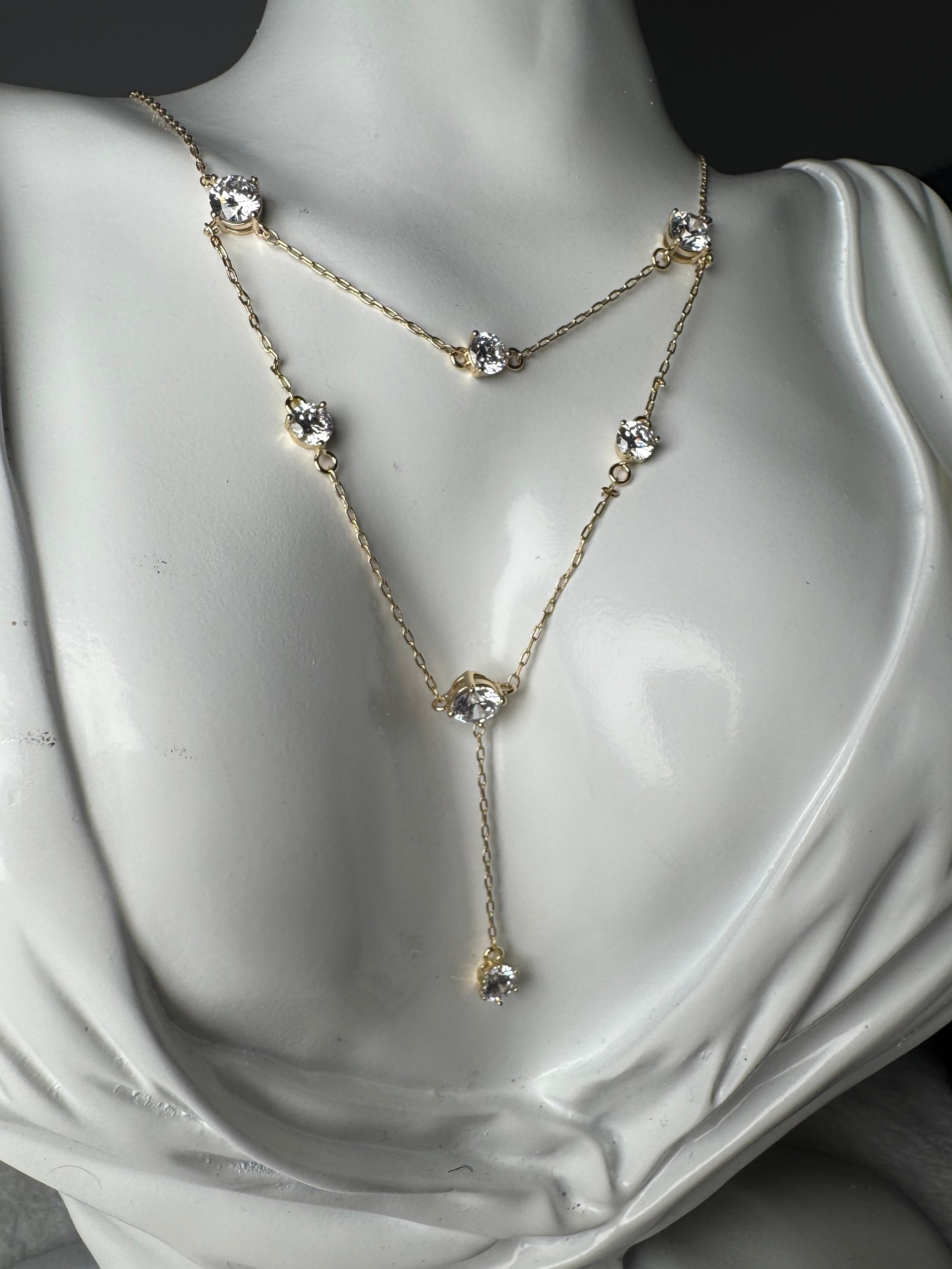 Layered Crystal Necklace with Y-Drop Design