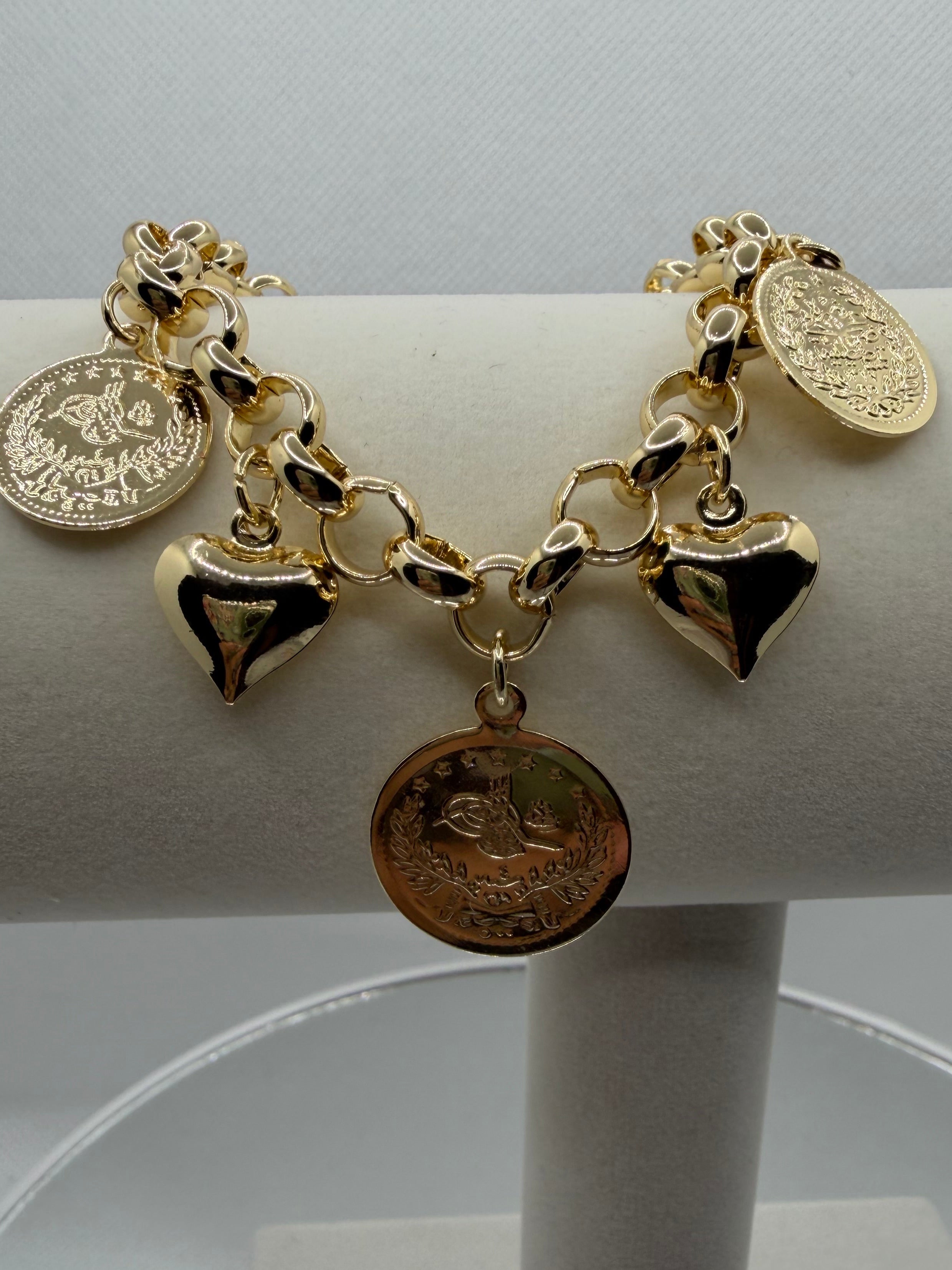 Gold Coin & Puffy Heart Charm Bracelet