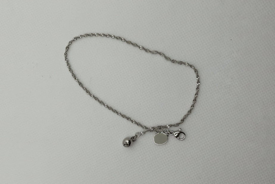 Twisted Rope Chain Anklet with Heart & Bell Charm - Silver