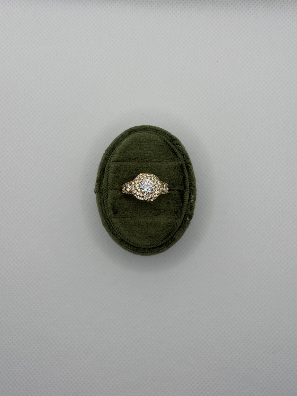 Gold Crystal Halo Ring with Pavé Band