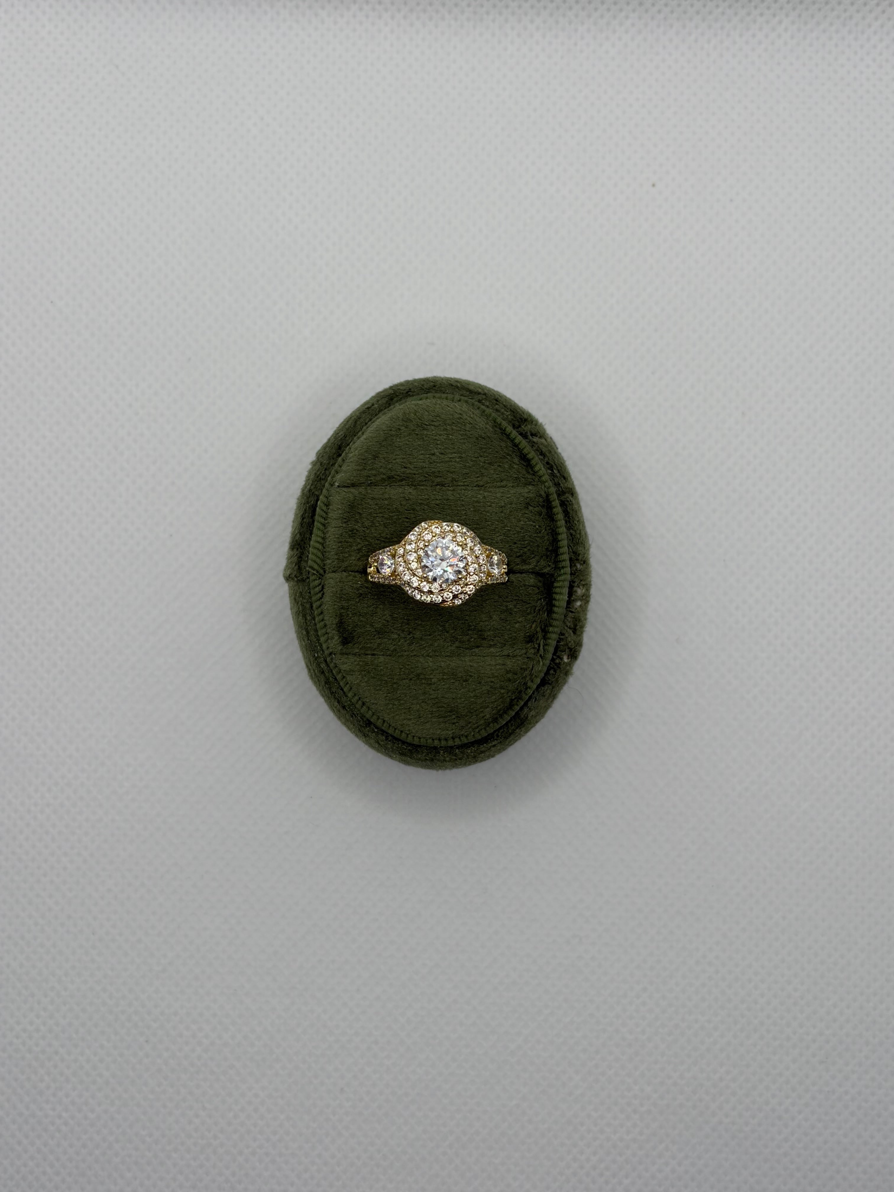 Gold Crystal Halo Ring with Pavé Band