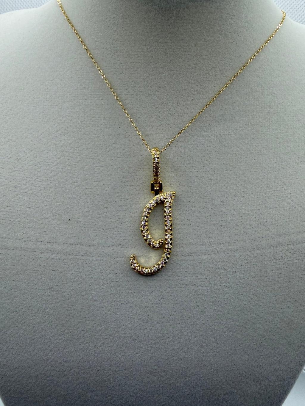 Gold CZ Cursive Initial "J" Pendant