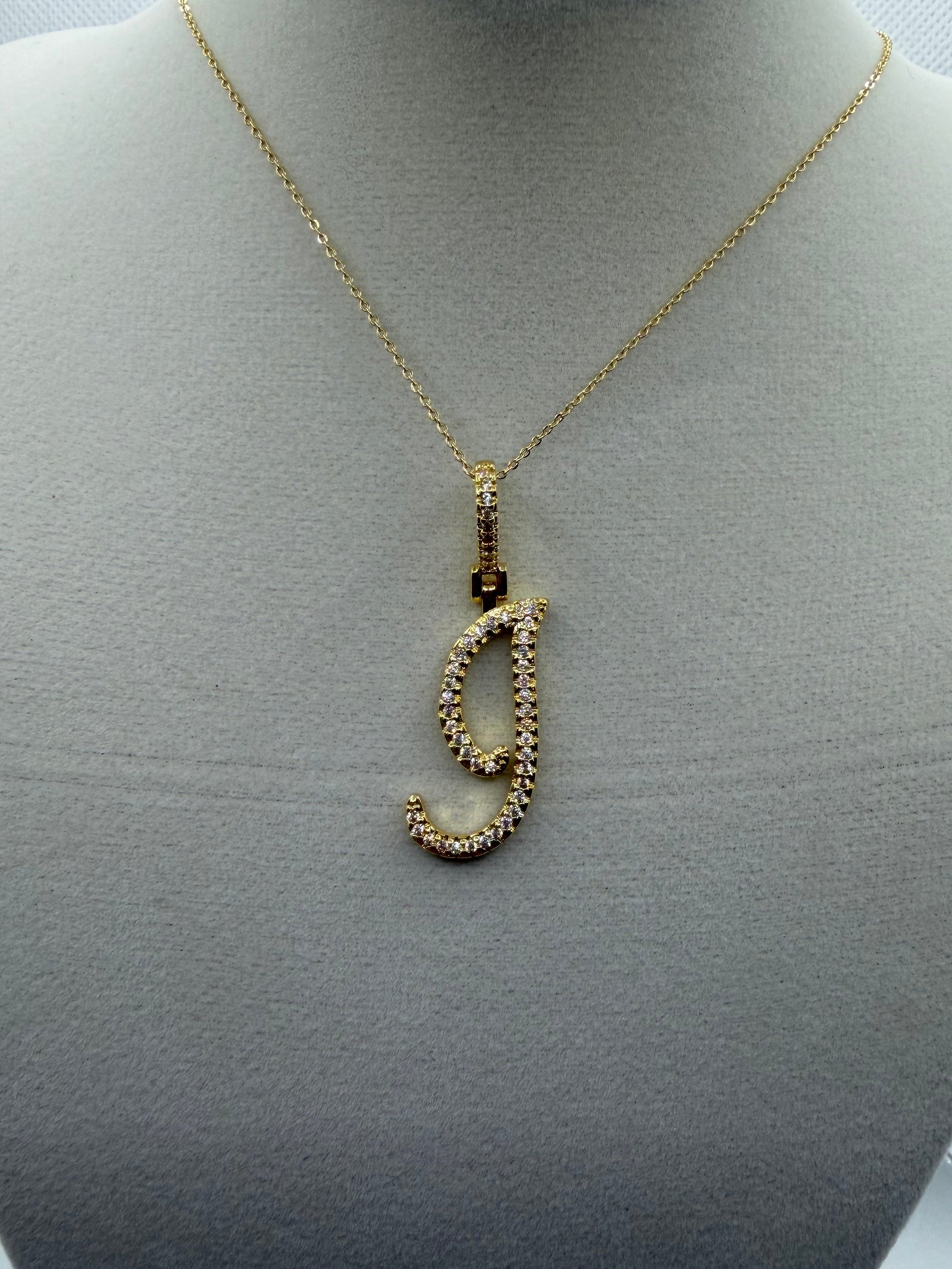 Gold CZ Cursive Initial "J" Pendant
